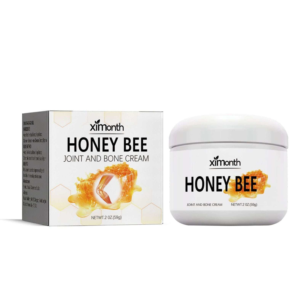 Ximonth Joint And Bone Cream in white jar and box featuring honeycomb and bee venom design for joint and bone care.